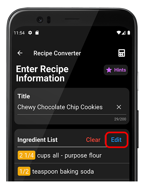 Edit ingredient list button